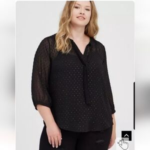 Torrid 2X Black Metallic Swiss Dot Long Sleeve High Neck Sheer Blouse Witchy